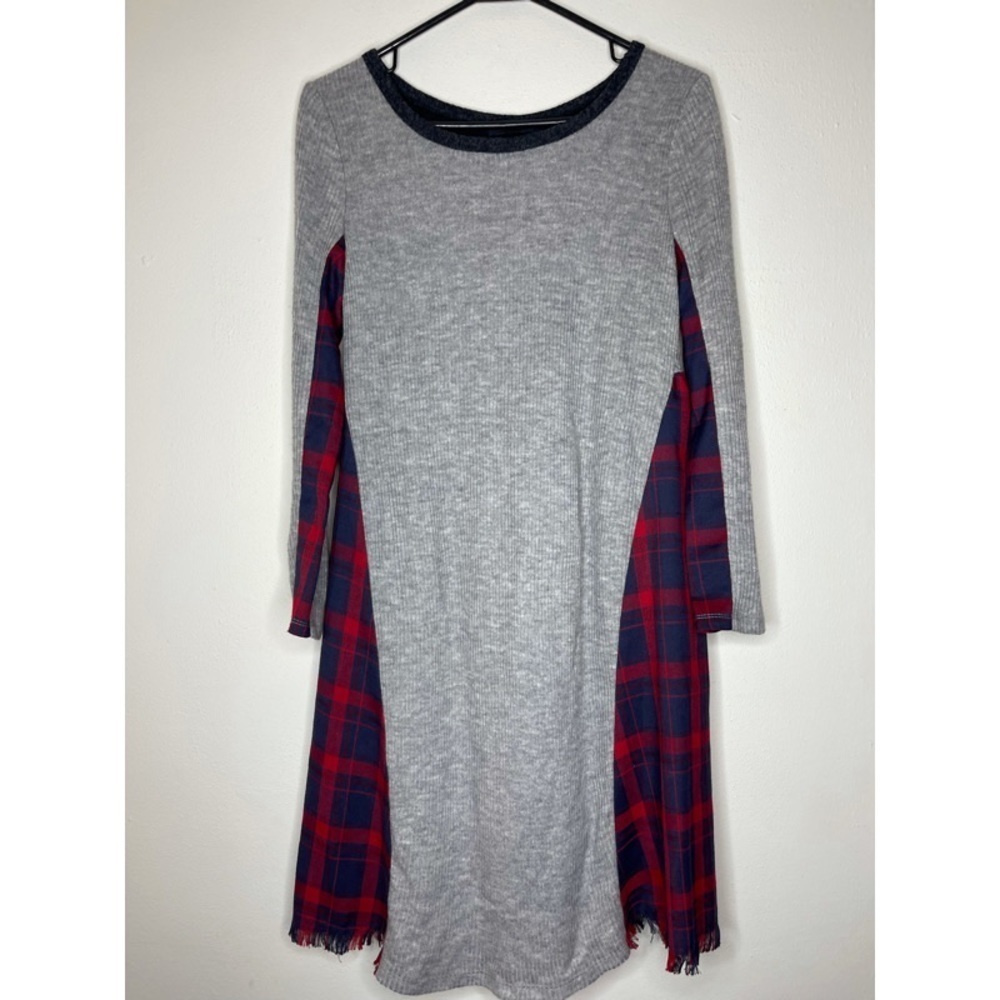 Anthropologie THML Grey Red Blue Plaid 3/4 Sleeve Dress